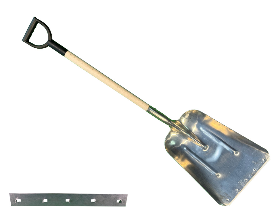 Aluminium grainscoop with replacable steel edge and 80cm handle with plastic D-grip